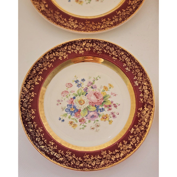 PLATES-BREAD-BUTTER-CENTURY BY SALEM-23K Gold Encrusted-Burgundy-Floral-Set of 4 - Picture 2 of 16